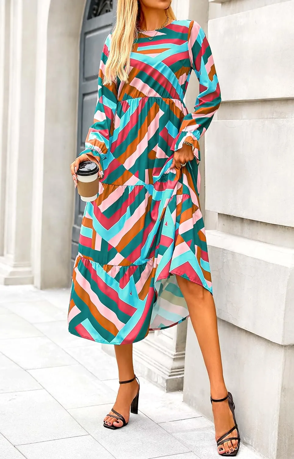 KIRUNDO Womens Spring Dresses Long Sleeve Midi Dress Boho Floral Print Crewneck Casual Wedding Guest Dress with Pockets