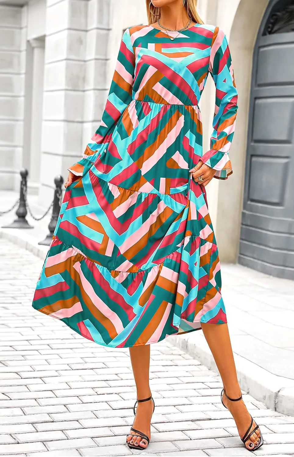 KIRUNDO Womens Spring Dresses Long Sleeve Midi Dress Boho Floral Print Crewneck Casual Wedding Guest Dress with Pockets