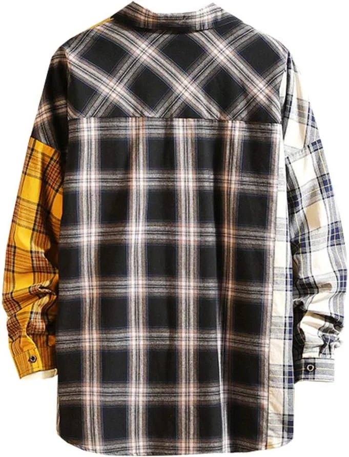 LifeHe Men's Women Plaid Flannel Shirts Colour Block Long Sleeve Button Up Shirt Jackets Oversized