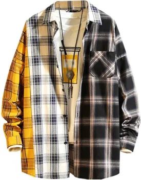 LifeHe Men's Women Plaid Flannel Shirts Colour Block Long Sleeve Button Up Shirt Jackets Oversized