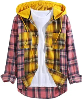 LifeHe Men's Women Plaid Flannel Shirts Colour Block Long Sleeve Button Up Shirt Jackets Oversized