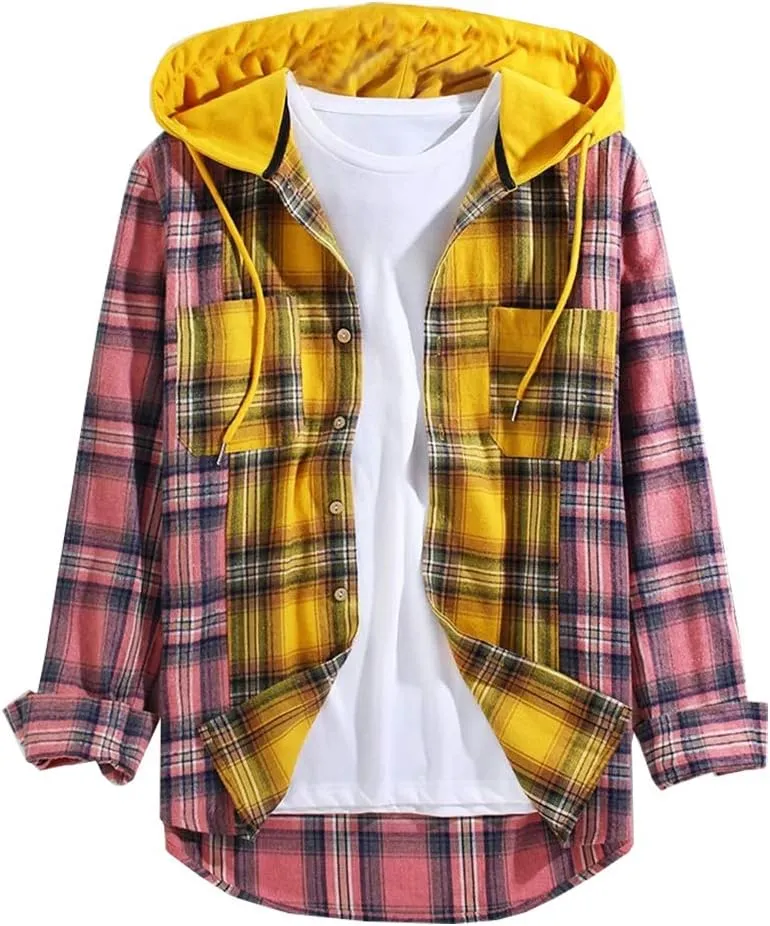LifeHe Men's Women Plaid Flannel Shirts Colour Block Long Sleeve Button Up Shirt Jackets Oversized