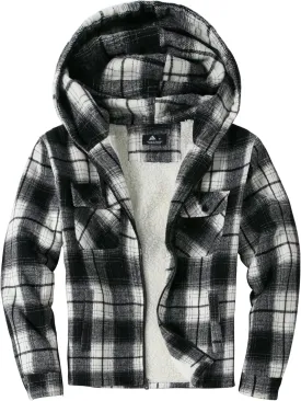 Mens Flannel Hoodie Jacket Fleece Lined Flannel Shirt Plaid Zip Up Sherpa Hooded Sweatshirt Warm Winter Coat