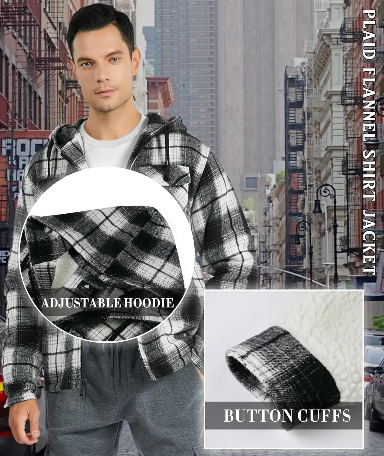 Mens Flannel Hoodie Jacket Fleece Lined Flannel Shirt Plaid Zip Up Sherpa Hooded Sweatshirt Warm Winter Coat