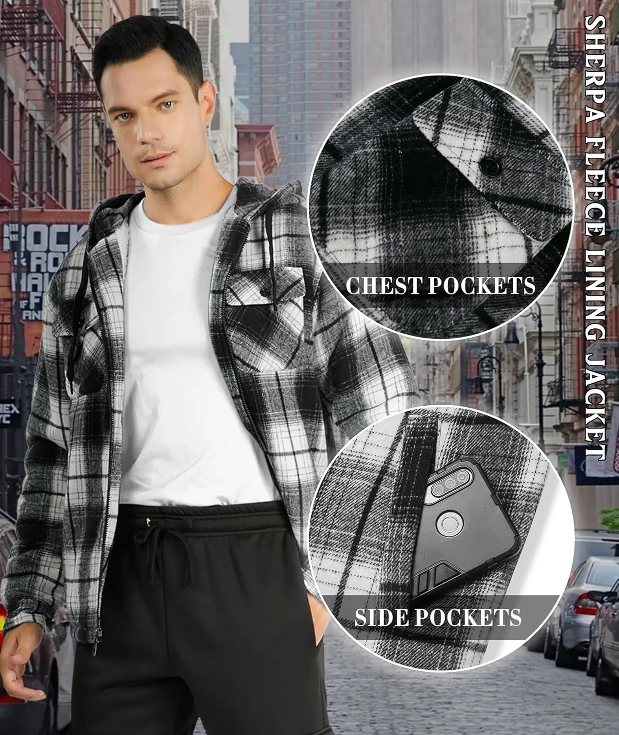 Mens Flannel Hoodie Jacket Fleece Lined Flannel Shirt Plaid Zip Up Sherpa Hooded Sweatshirt Warm Winter Coat
