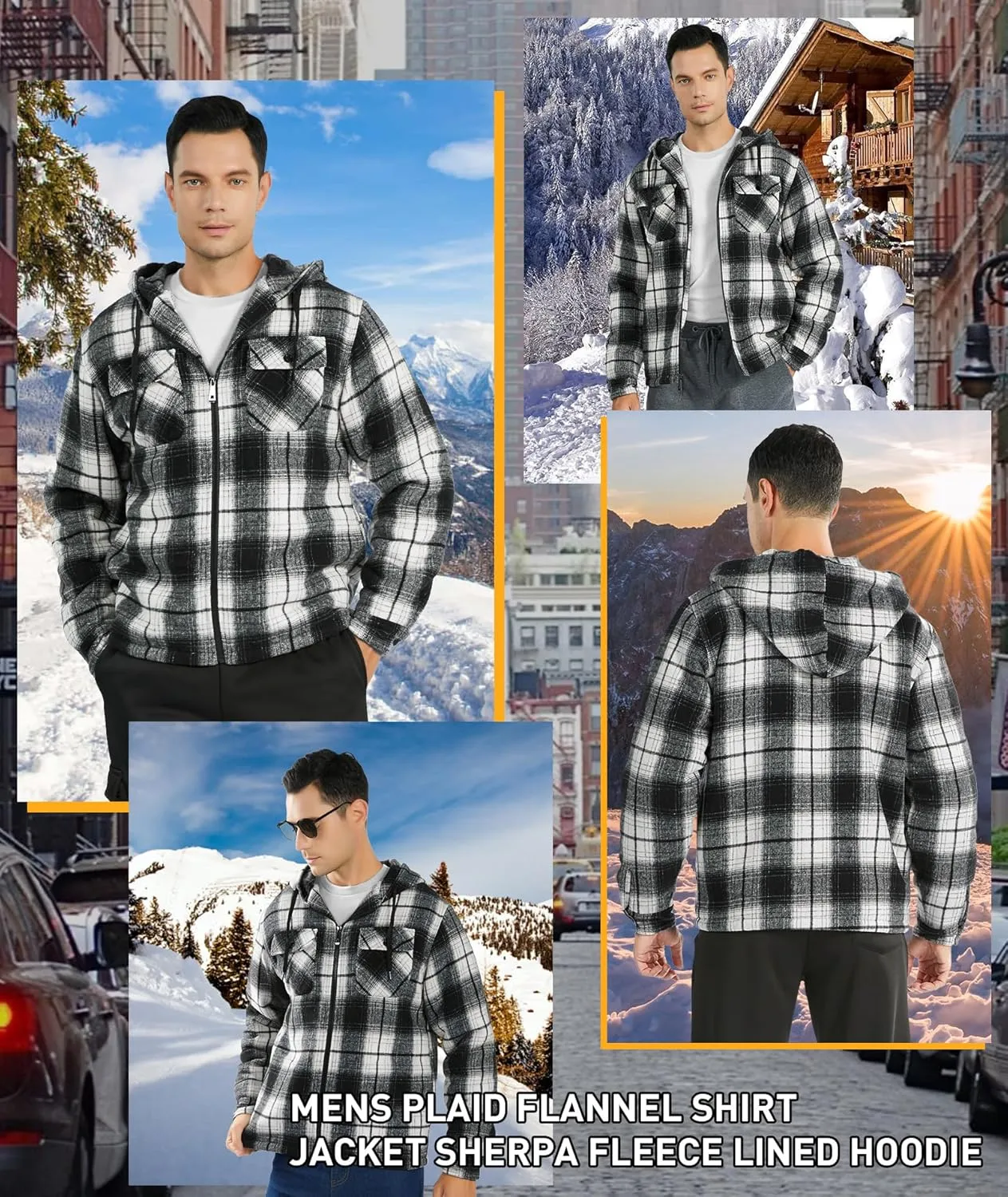 Mens Flannel Hoodie Jacket Fleece Lined Flannel Shirt Plaid Zip Up Sherpa Hooded Sweatshirt Warm Winter Coat