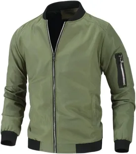 Men's Lightweight Casual Fall Bomber Jacket Windbreaker Solid Color Zip Up Coat with Pockets