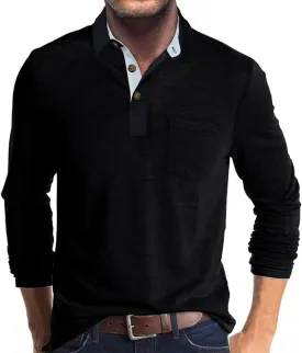 Men's Long Sleeve Polo Shirts Casual Button Classic Work Shirt Cotton Collared Basic Golf Shirt with Pocket