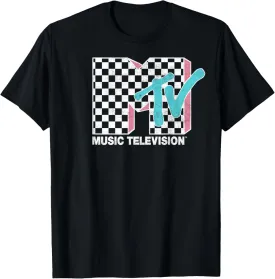 MTV Neon Distressed Checkered Logo Graphic T-Shirt T-Shirt