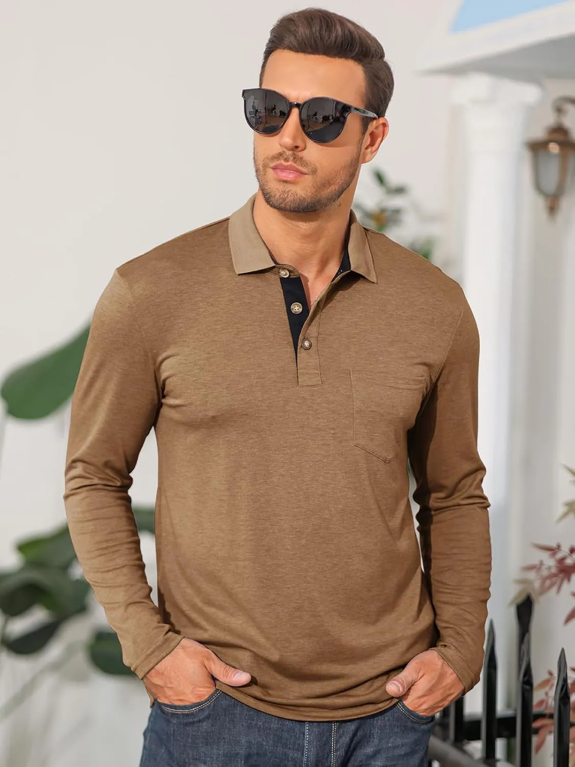 PICKLION Mens Long Sleeve Polo Shirts Casual Moisture Wicking Golf Polo Shirts with Pocket