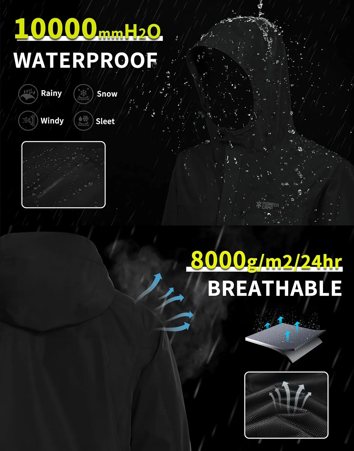 Pioneer Camp Mens Rain Jacket Waterproof Shell Jacket Hooded Lightweight Rain Coat for Outdoor Hiking 4 Pockets Windbreaker