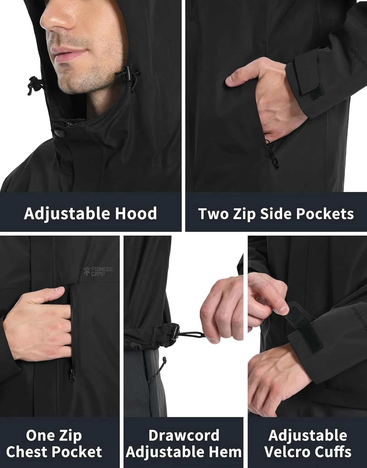 Pioneer Camp Mens Rain Jacket Waterproof Shell Jacket Hooded Lightweight Rain Coat for Outdoor Hiking 4 Pockets Windbreaker