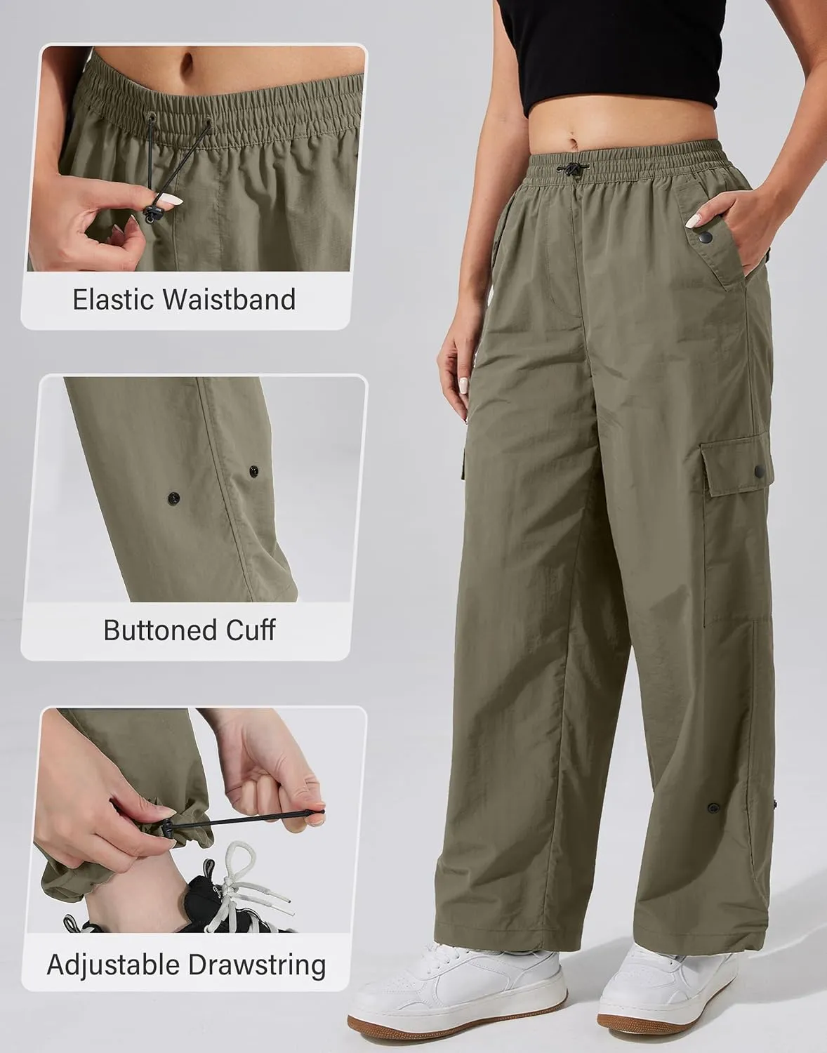 Pioneer Camp Womens Parachute Cargo Pants with Pockets Baggy High Waisted Quick Dry Hiking Pants Lightweight Wide Leg