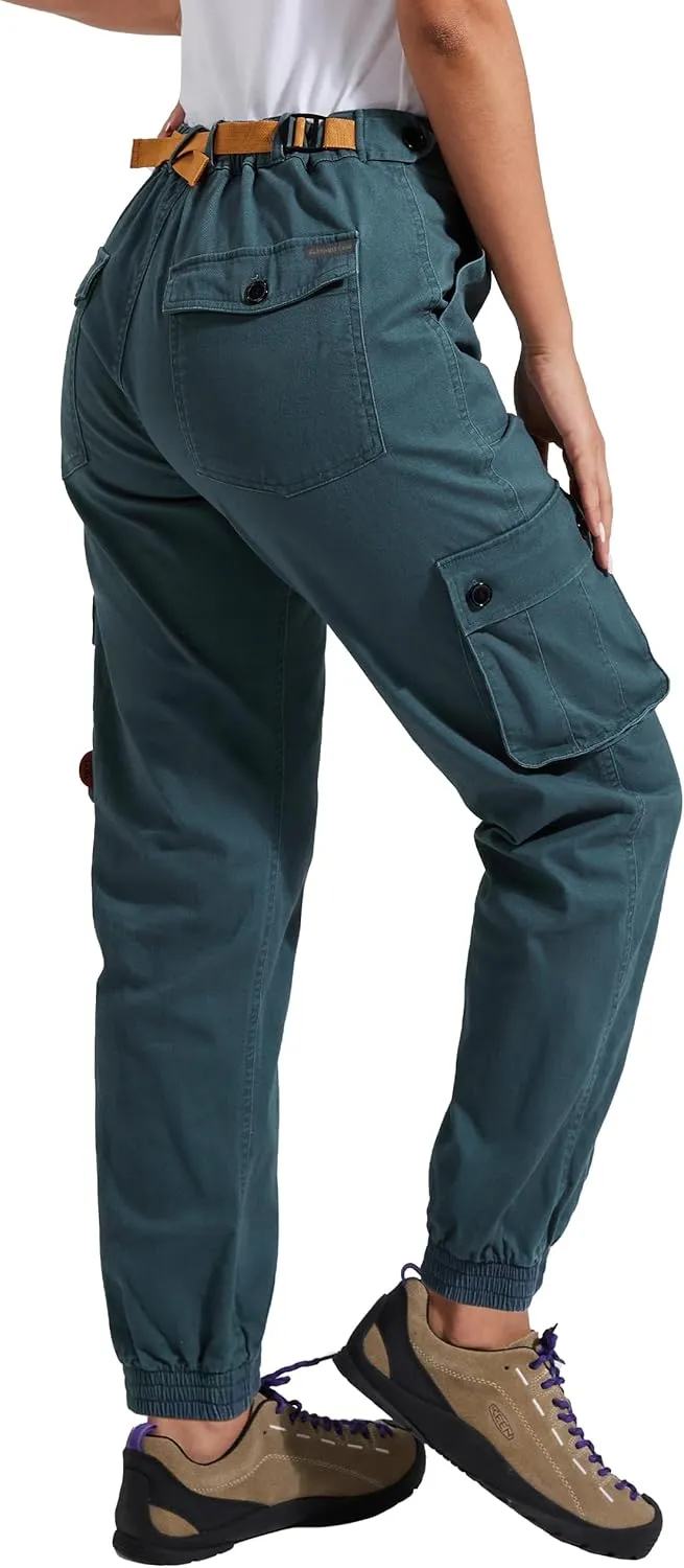 Pioneer Camp Women's Stretchy Cargo Pants with Pockets High-Rise Casual Hiking Cotton Joggers Adjustable Waistband with Belt
