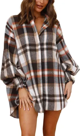 Plaid Flannel Shirts for Women - Oversized Long Sleeve Button Down Shirt Dresses Shacket Blouse Tops
