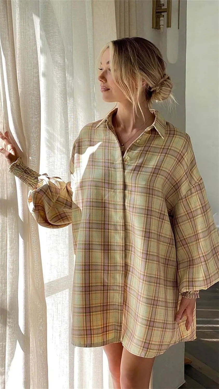 Plaid Flannel Shirts for Women - Oversized Long Sleeve Button Down Shirt Dresses Shacket Blouse Tops