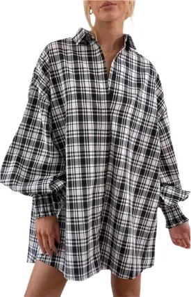 Plaid Flannel Shirts for Women - Oversized Long Sleeve Button Down Shirt Dresses Shacket Blouse Tops