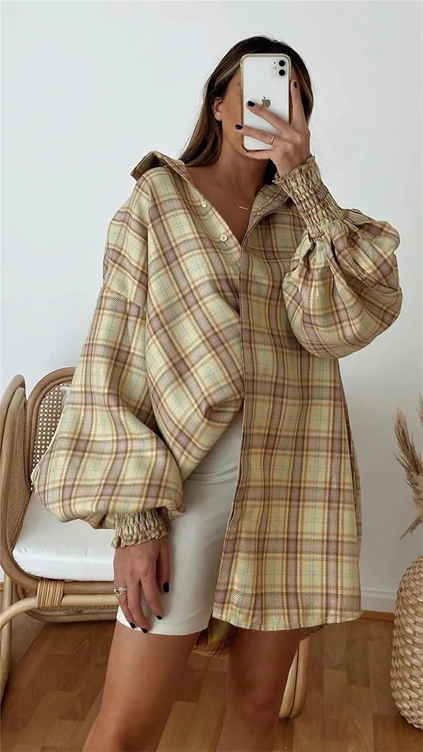 Plaid Flannel Shirts for Women - Oversized Long Sleeve Button Down Shirt Dresses Shacket Blouse Tops