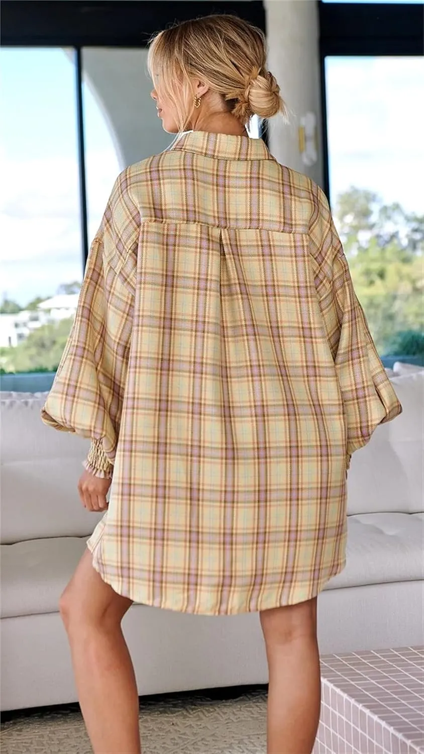 Plaid Flannel Shirts for Women - Oversized Long Sleeve Button Down Shirt Dresses Shacket Blouse Tops