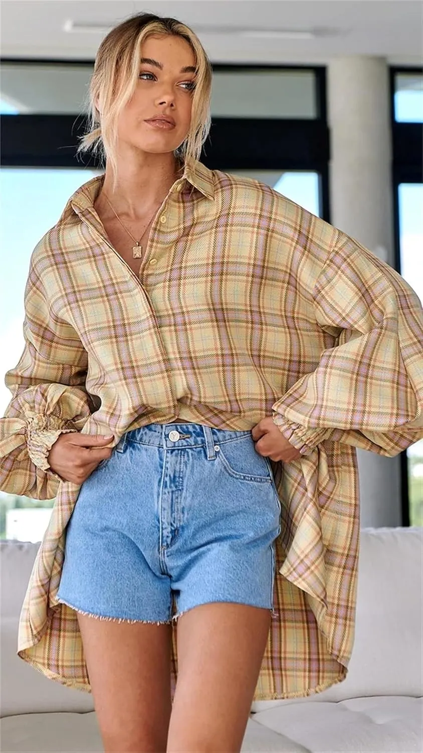 Plaid Flannel Shirts for Women - Oversized Long Sleeve Button Down Shirt Dresses Shacket Blouse Tops