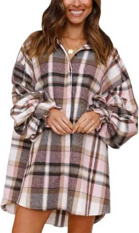 Plaid Flannel Shirts for Women - Oversized Long Sleeve Button Down Shirt Dresses Shacket Blouse Tops