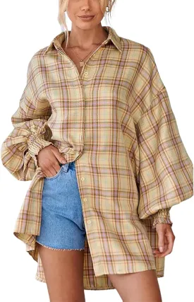 Plaid Flannel Shirts for Women - Oversized Long Sleeve Button Down Shirt Dresses Shacket Blouse Tops