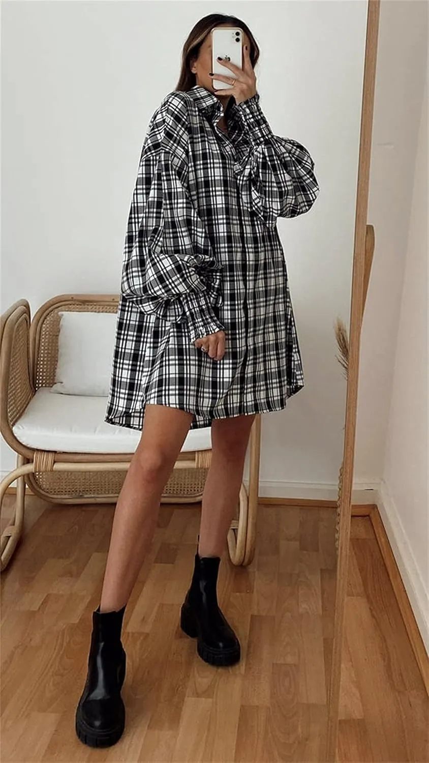 Plaid Flannel Shirts for Women - Oversized Long Sleeve Button Down Shirt Dresses Shacket Blouse Tops