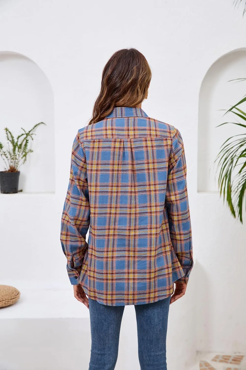 Plaid Shirts for Women Casual Button Down Flannel Shirt Plus Size Roll Up Long Sleeve Checkered Blouse Tops