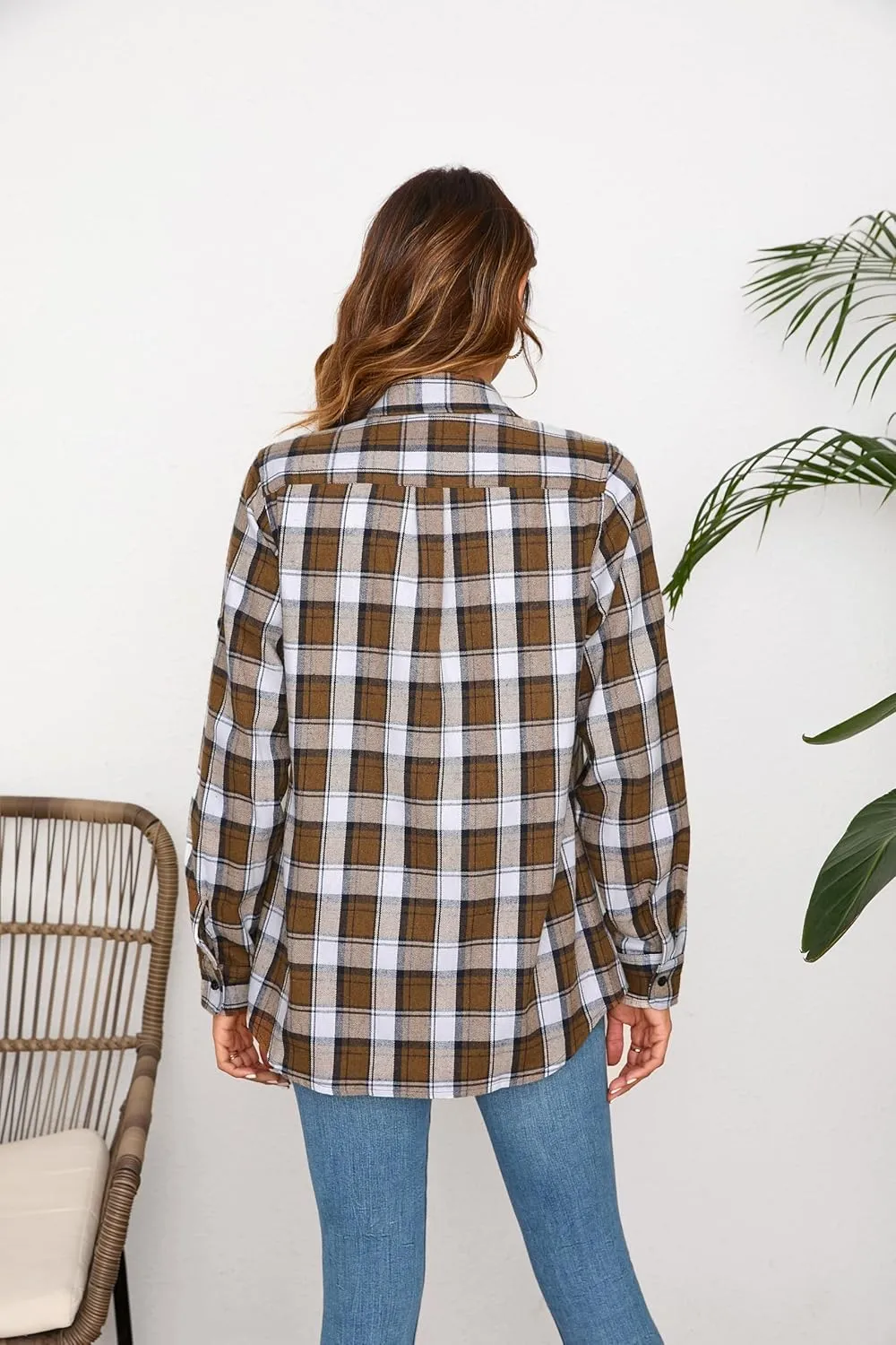 Plaid Shirts for Women Casual Button Down Flannel Shirt Plus Size Roll Up Long Sleeve Checkered Blouse Tops
