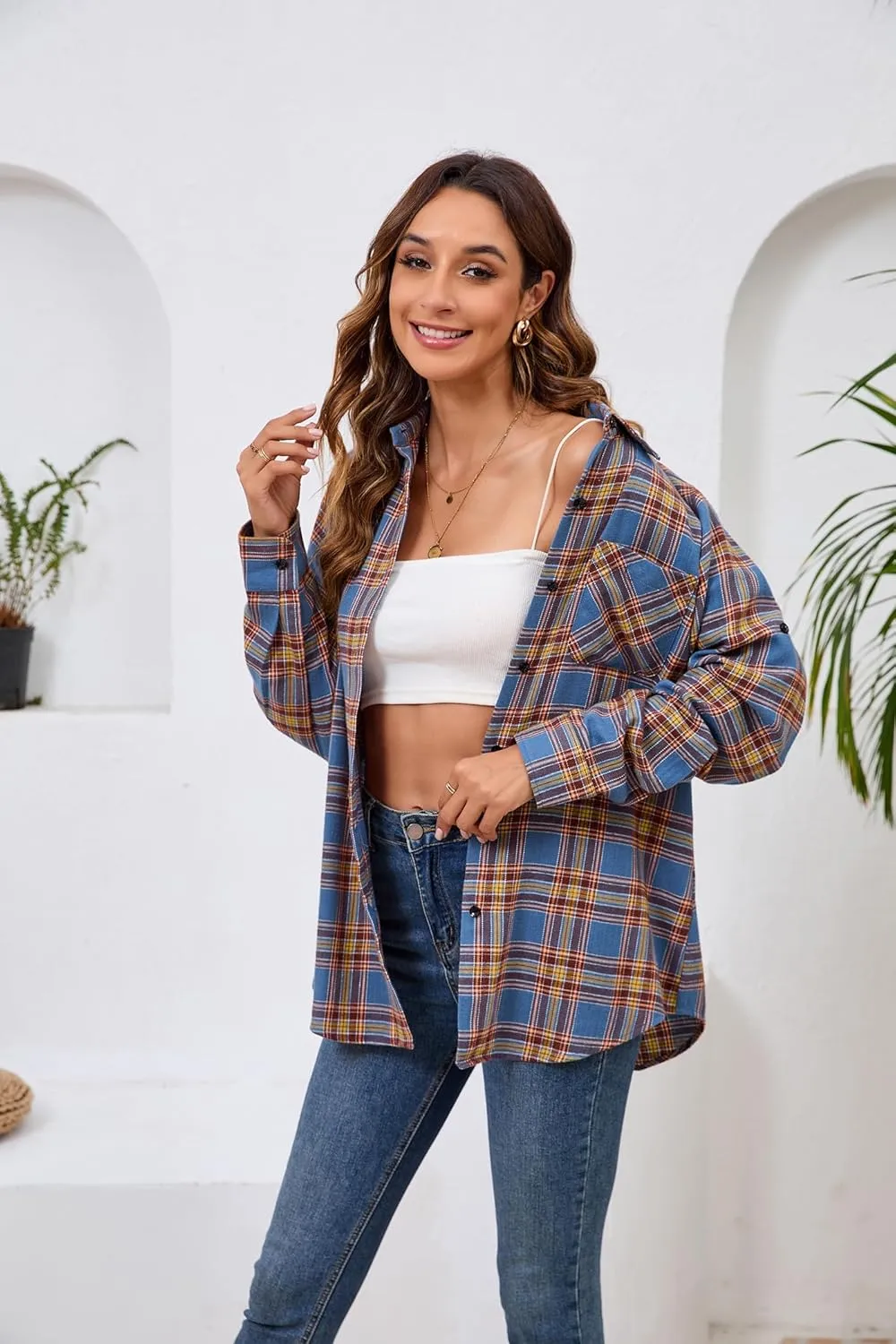 Plaid Shirts for Women Casual Button Down Flannel Shirt Plus Size Roll Up Long Sleeve Checkered Blouse Tops