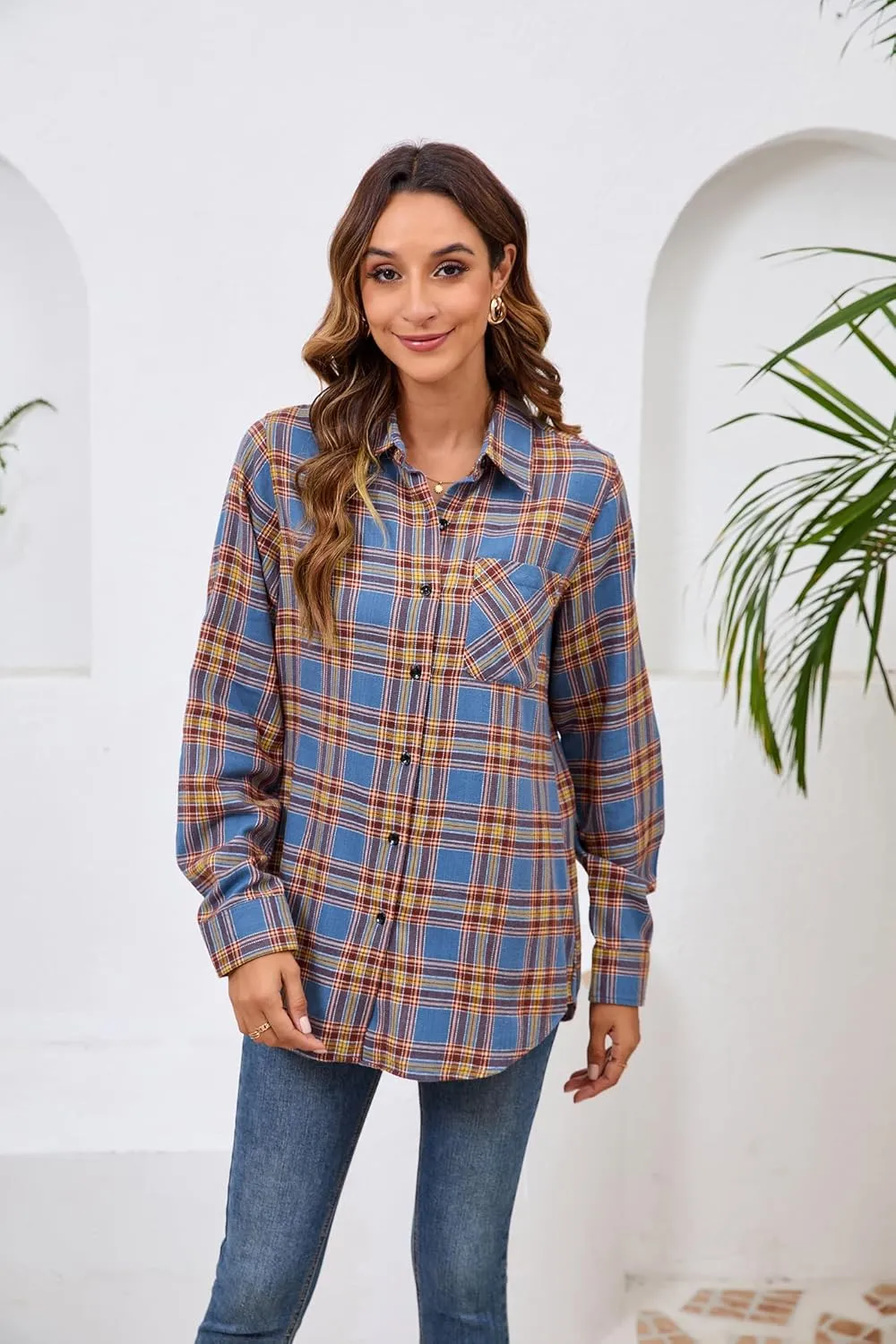 Plaid Shirts for Women Casual Button Down Flannel Shirt Plus Size Roll Up Long Sleeve Checkered Blouse Tops