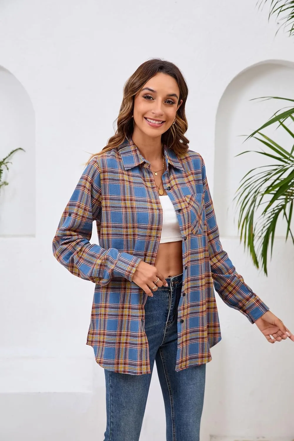 Plaid Shirts for Women Casual Button Down Flannel Shirt Plus Size Roll Up Long Sleeve Checkered Blouse Tops