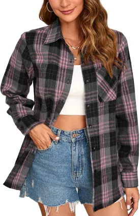 Plaid Shirts for Women Casual Button Down Flannel Shirt Plus Size Roll Up Long Sleeve Checkered Blouse Tops