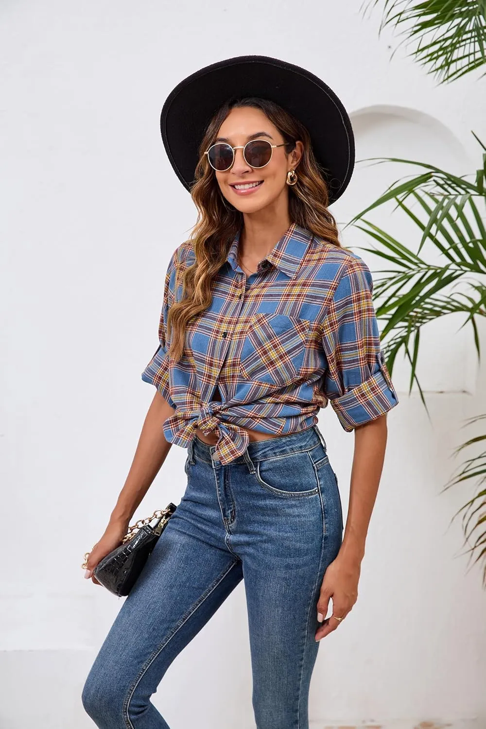 Plaid Shirts for Women Casual Button Down Flannel Shirt Plus Size Roll Up Long Sleeve Checkered Blouse Tops
