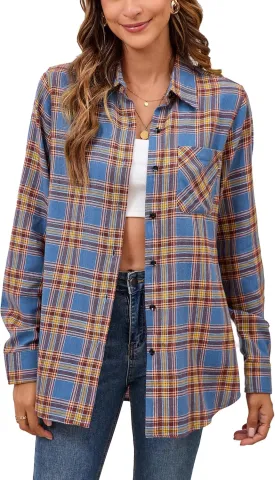 Plaid Shirts for Women Casual Button Down Flannel Shirt Plus Size Roll Up Long Sleeve Checkered Blouse Tops