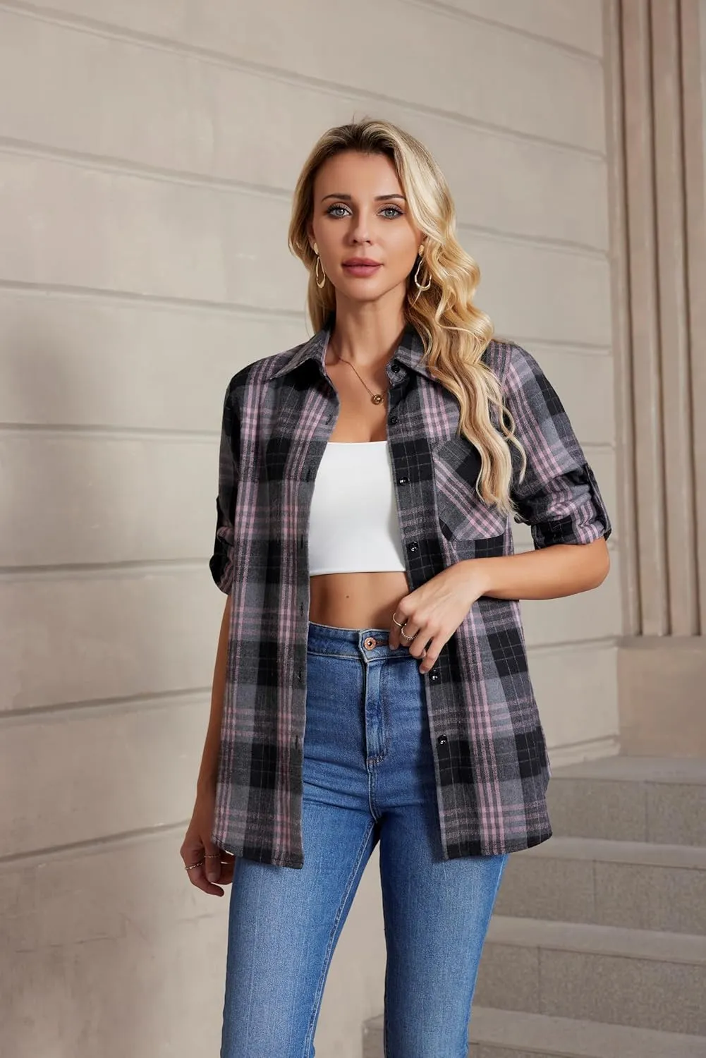 Plaid Shirts for Women Casual Button Down Flannel Shirt Plus Size Roll Up Long Sleeve Checkered Blouse Tops