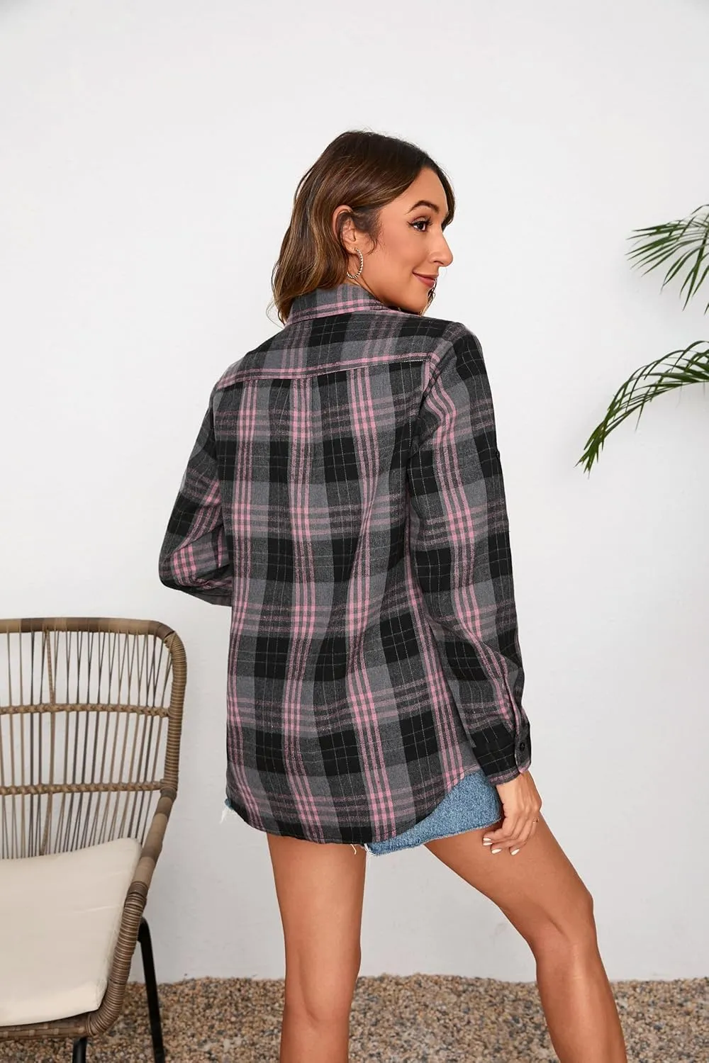 Plaid Shirts for Women Casual Button Down Flannel Shirt Plus Size Roll Up Long Sleeve Checkered Blouse Tops