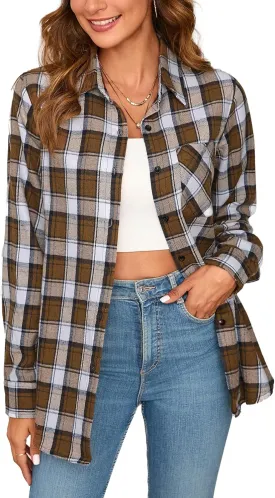 Plaid Shirts for Women Casual Button Down Flannel Shirt Plus Size Roll Up Long Sleeve Checkered Blouse Tops