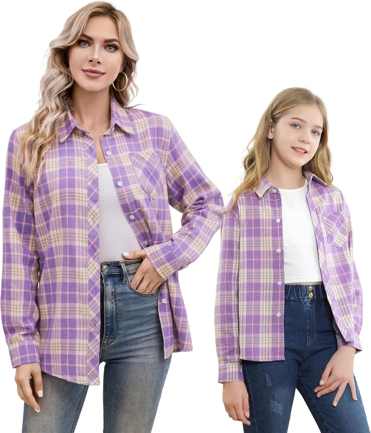 SANGTREE Womens and Girls Long Sleeve Flannel Shirt Casual Button Down Plaid Shirts, 3 Months - Adult 2XL