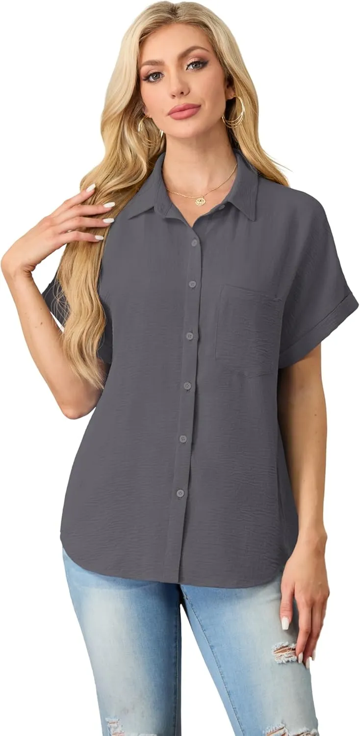 Short Sleeve Shirts for Women V Neck Loose Collared Button Down Shirt Casual Summer Tops with Pockets Beach Blouse