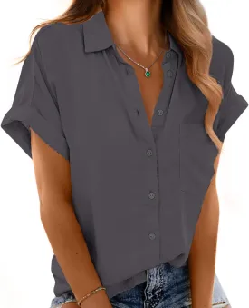 Short Sleeve Shirts for Women V Neck Loose Collared Button Down Shirt Casual Summer Tops with Pockets Beach Blouse