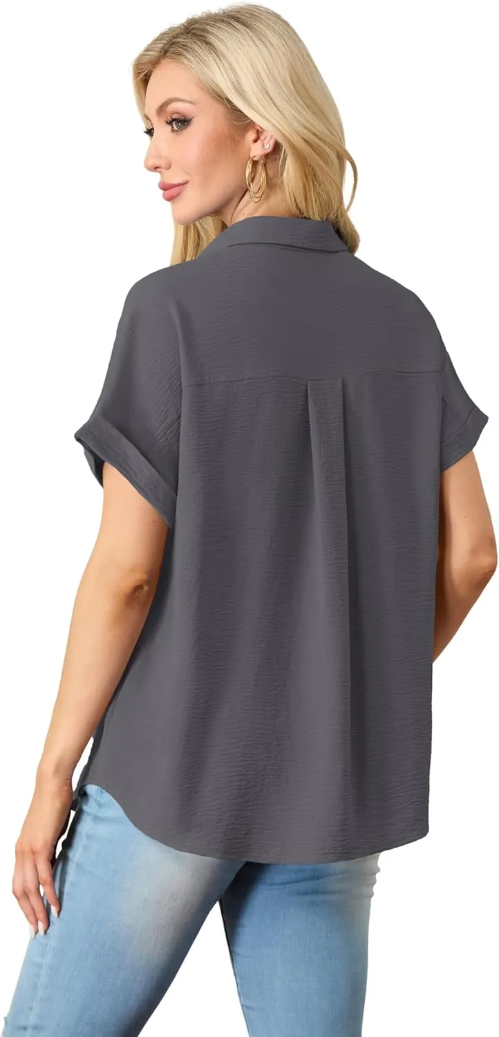 Short Sleeve Shirts for Women V Neck Loose Collared Button Down Shirt Casual Summer Tops with Pockets Beach Blouse