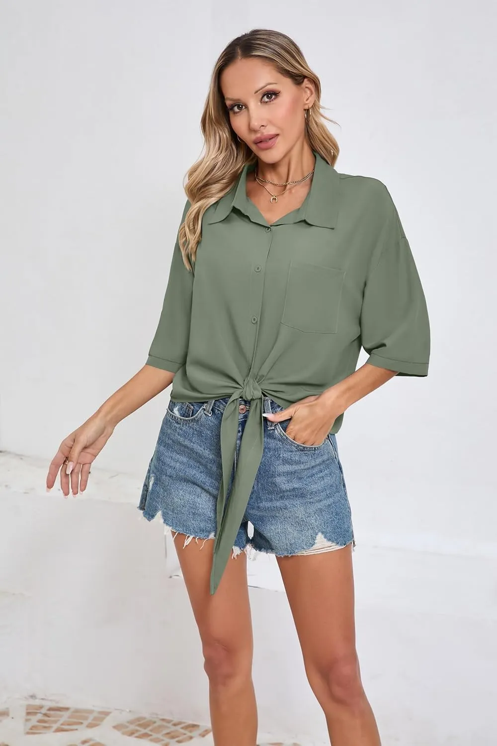 SUEANI Womens Tie Front Button Down Shirt Casual 3/4 Sleeve Collared Work Blouse with Pocket