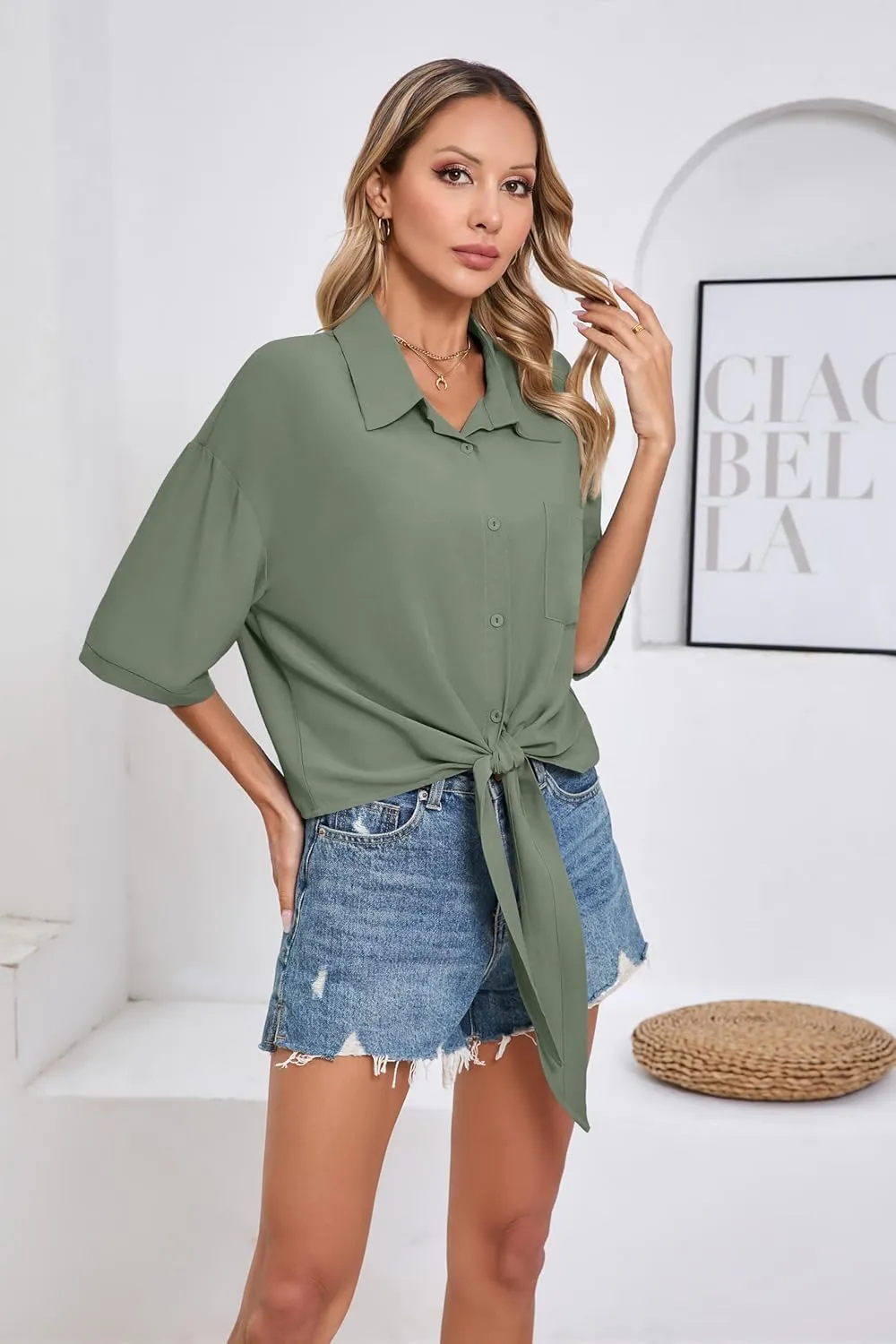 SUEANI Womens Tie Front Button Down Shirt Casual 3/4 Sleeve Collared Work Blouse with Pocket