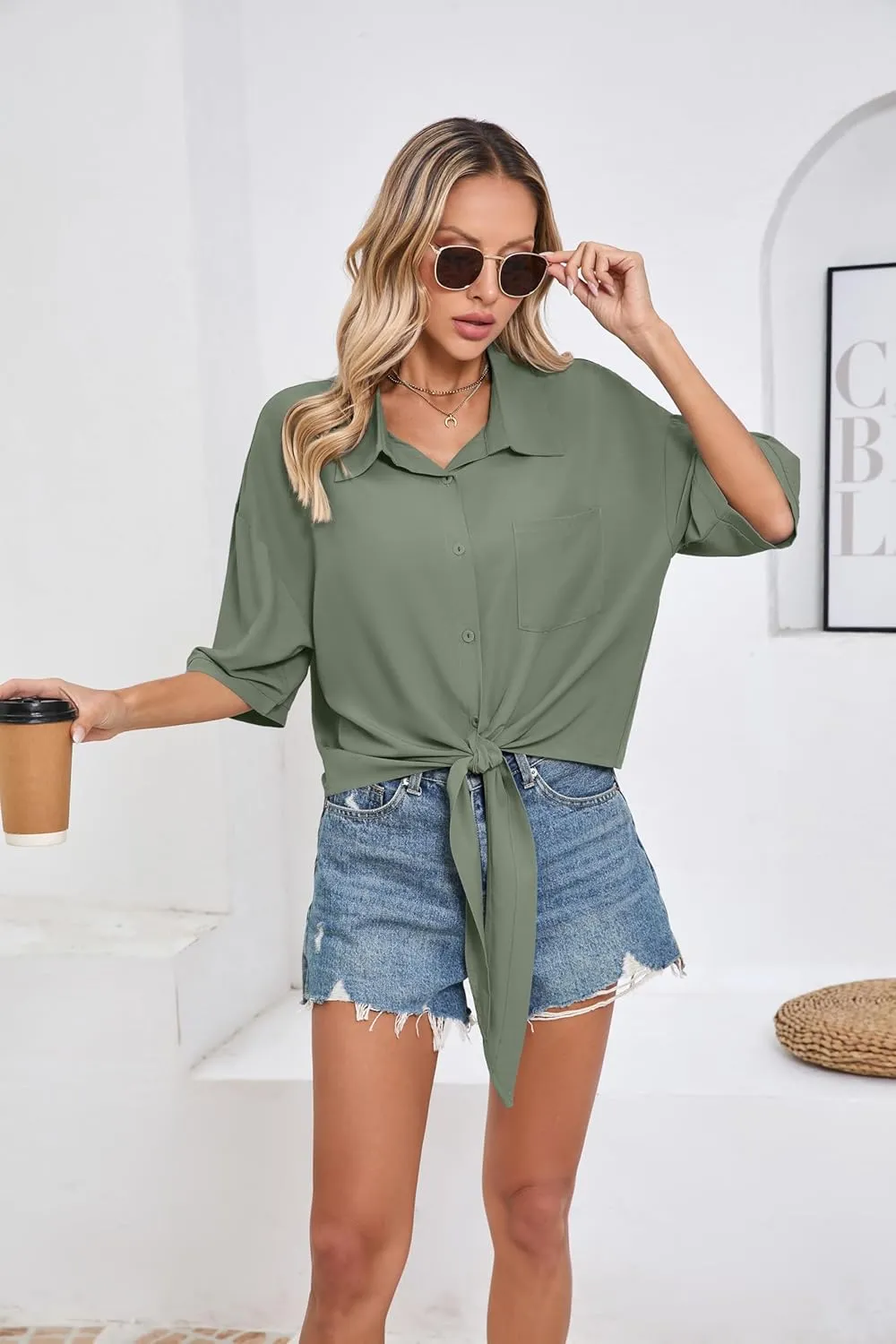 SUEANI Womens Tie Front Button Down Shirt Casual 3/4 Sleeve Collared Work Blouse with Pocket