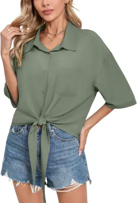 SUEANI Womens Tie Front Button Down Shirt Casual 3/4 Sleeve Collared Work Blouse with Pocket