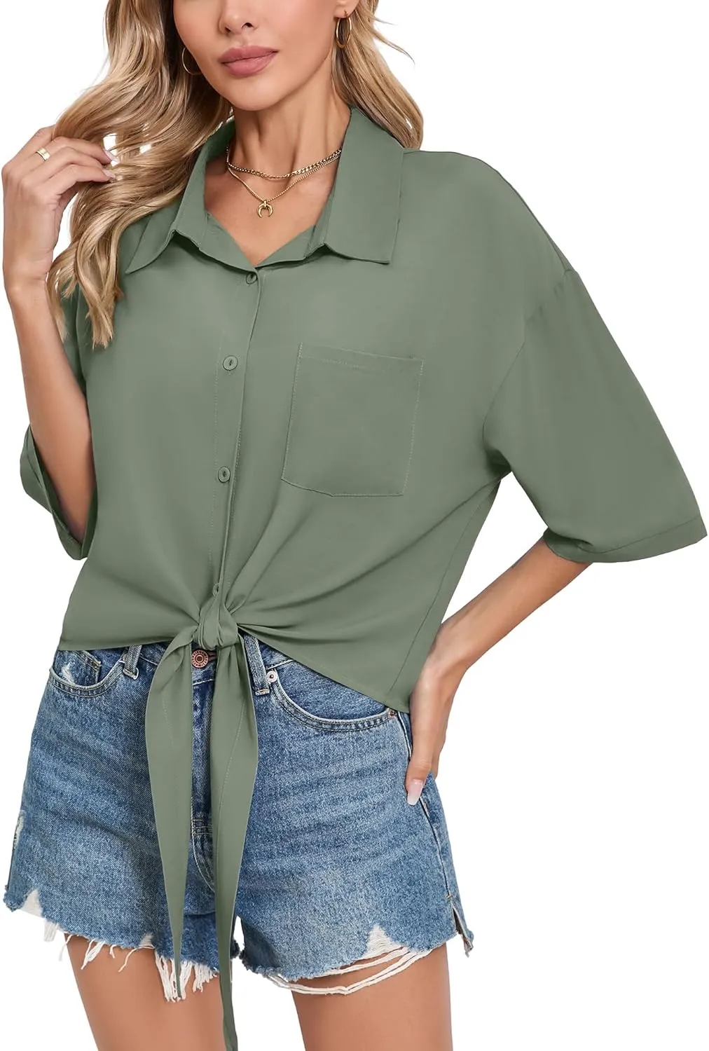 SUEANI Womens Tie Front Button Down Shirt Casual 3/4 Sleeve Collared Work Blouse with Pocket