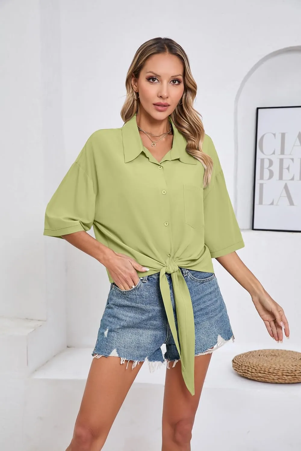 SUEANI Womens Tie Front Button Down Shirt Casual 3/4 Sleeve Collared Work Blouse with Pocket
