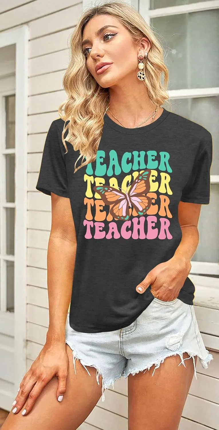 Teacher Shirts Women: Checkered Teach Printed T-Shirt Graphic Teaching Gifts Tees Casual Short Sleeve Tops
