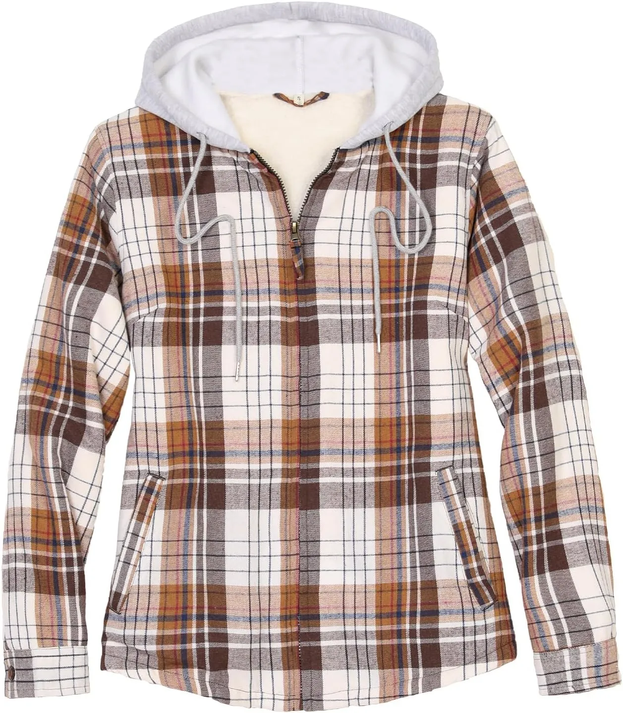 ThCreasa Womens Full Sherpa Lined Plaid Flannel Hooded Jacket with Hand Pockets, Zip Up Fuzzy Hoodie Flannel Shacket